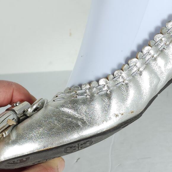 TORY BURCH Women's Reese US 6,5M Silver Leather Tassels Logo SlipOn Ballet Flats - Picture 12 of 16